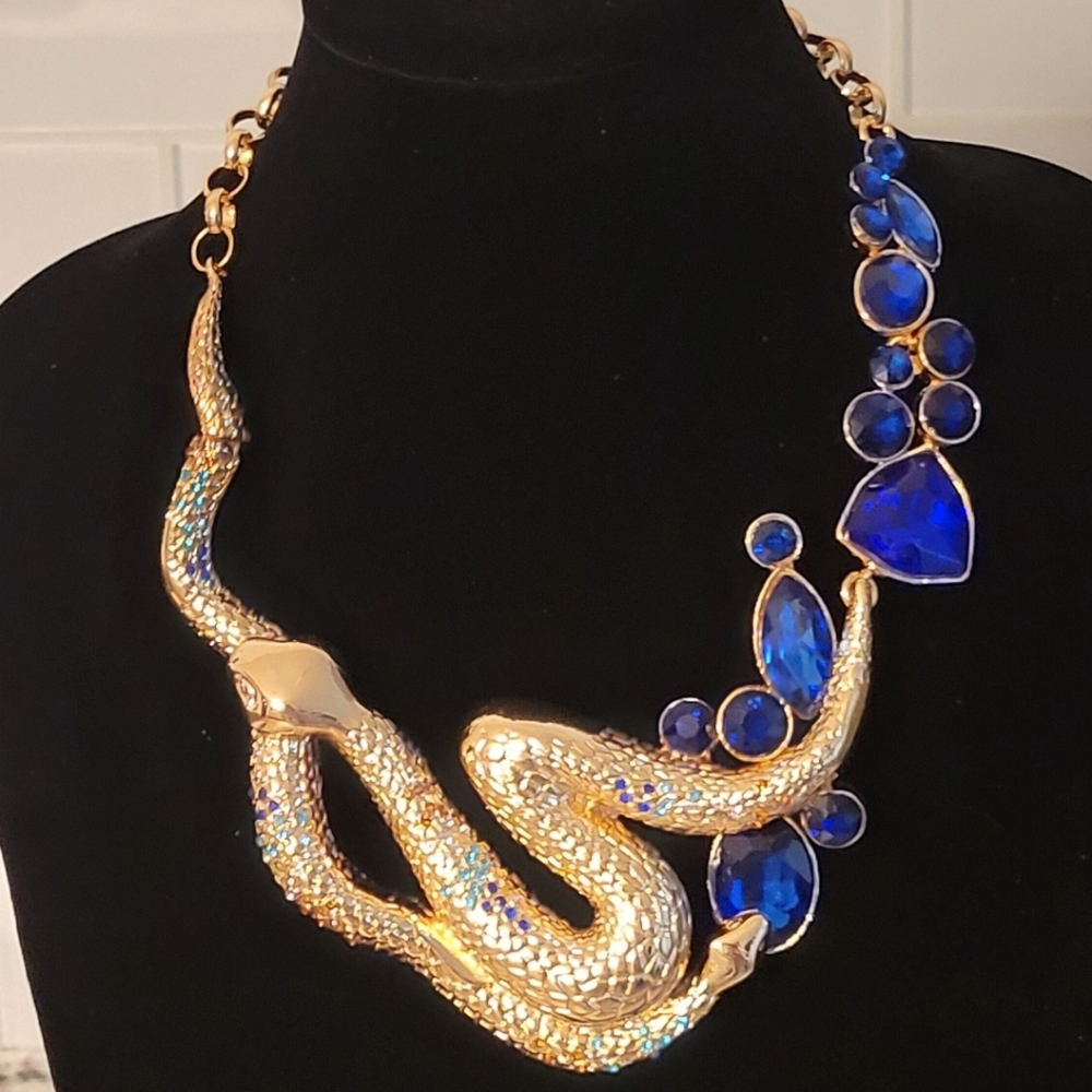Faux Sapphire Multicolored Embellished Goldplated Snake Statement Necklace